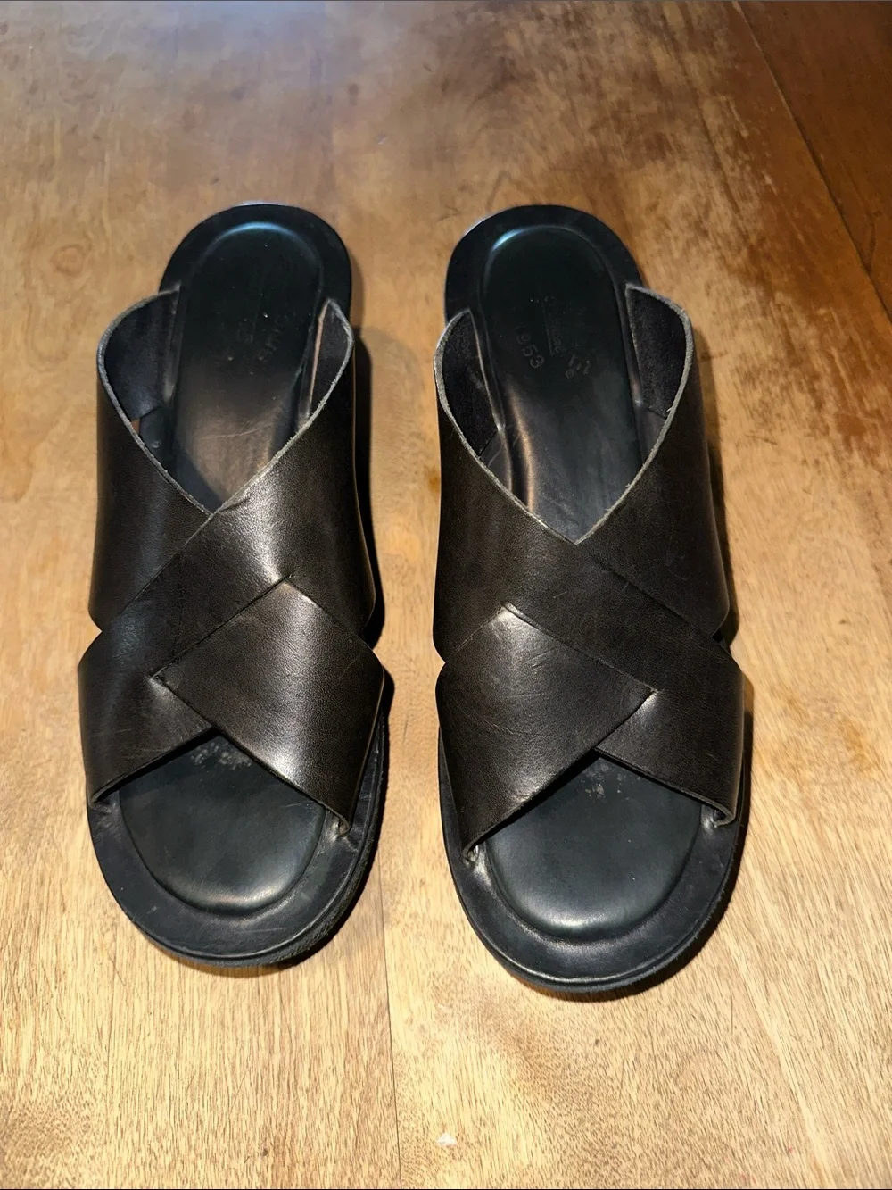 Kork-Ease Black Leather Cross-Strap Slide Sandals